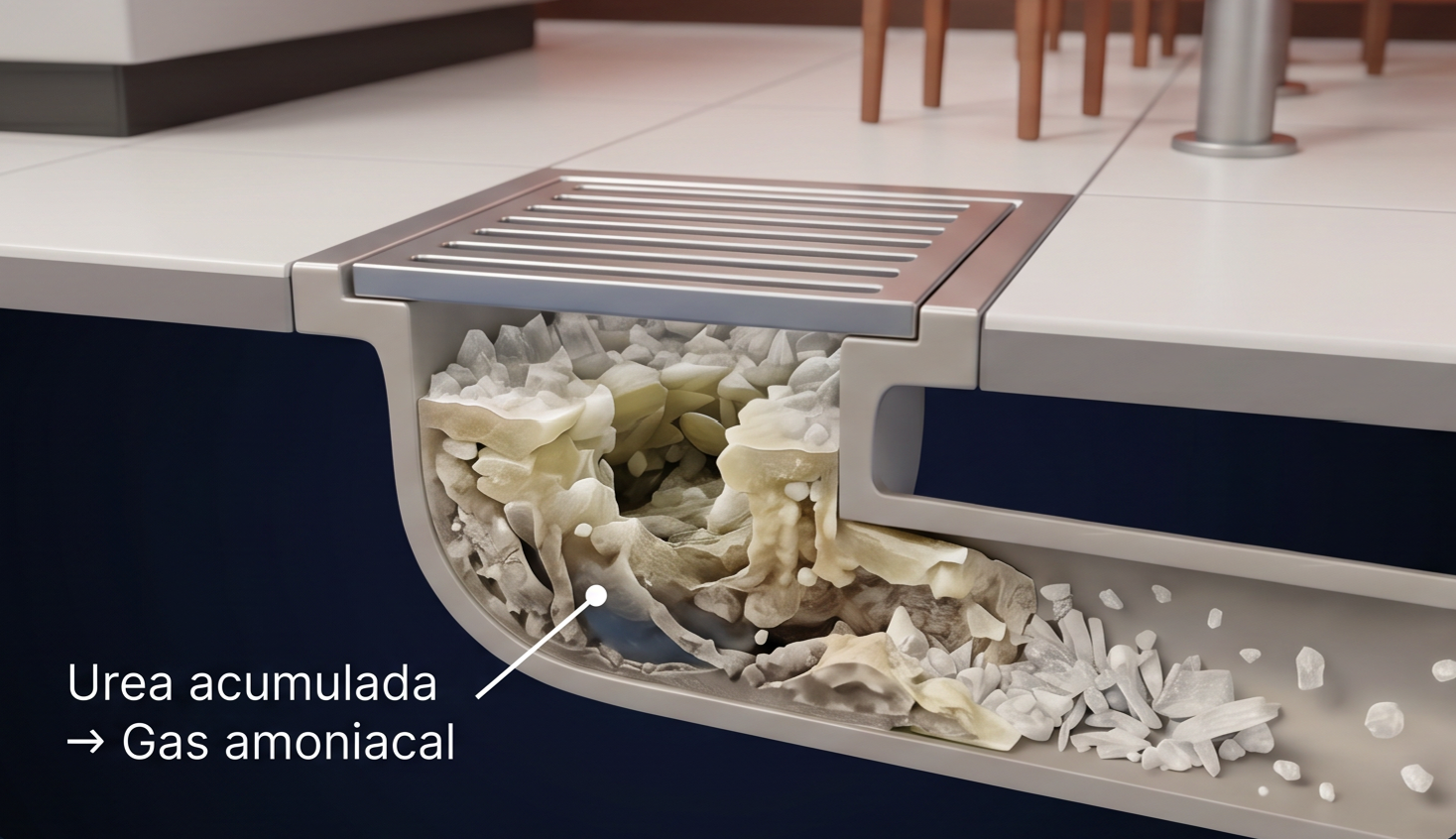 Ilustración de cristales de estruvita incrustados en una superficie de drenaje.