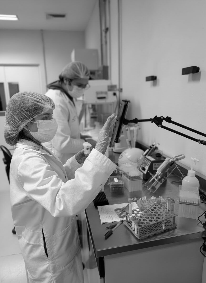 Científicos de Granatum trabajando en la mesa de laboratorio.